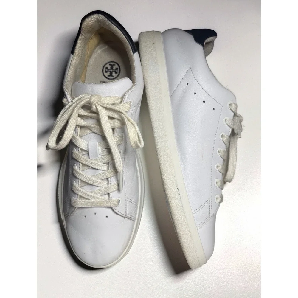 TORY BURCH Howell Court Sneakers White  Navy Blue Gold Logo Women's Sz 10